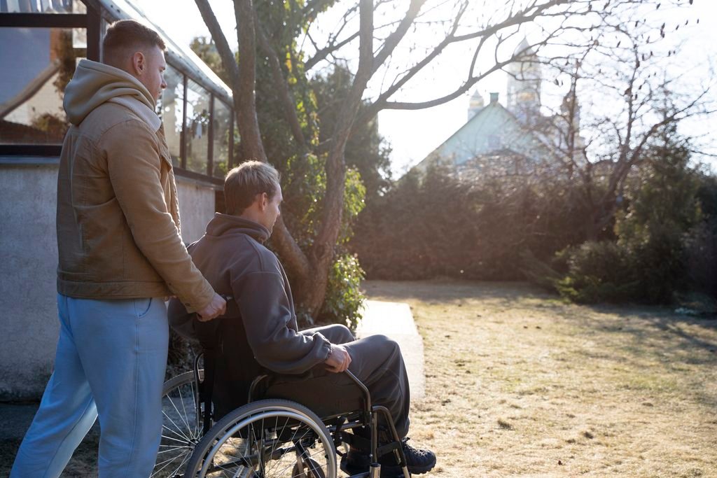 Destitute/Handicap Donate medium shot friend helping disabled man